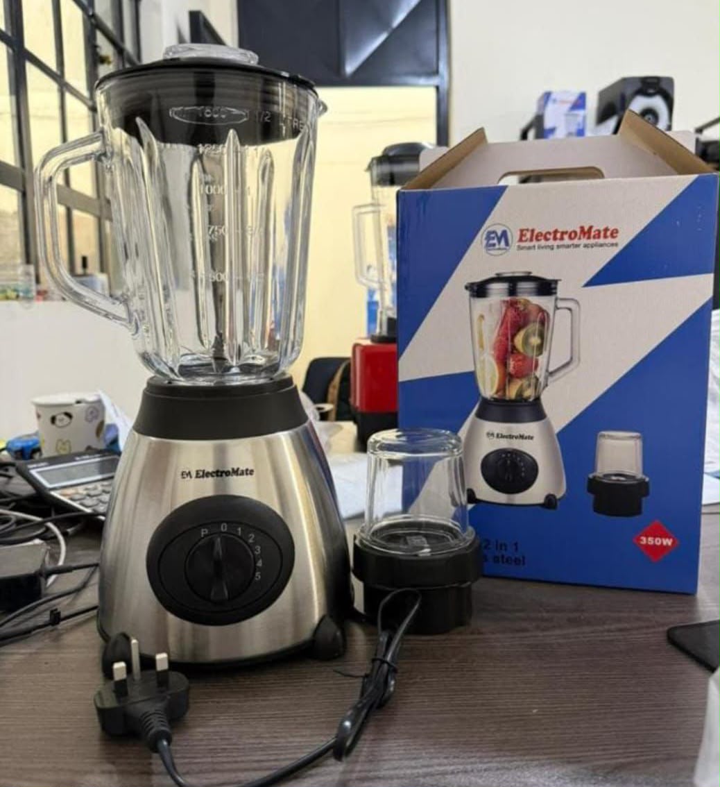 ElectroMate 2-in-1 Blender,350W motor, a 1.5L durable glass jar, and an included dry-mill grinder attachment.