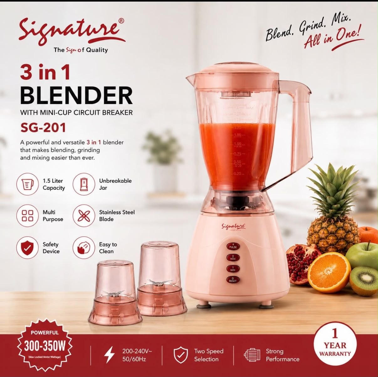 Signature SG-201 3-in-1 blender with a pink motor base and a 1.5-liter unbreakable jar.